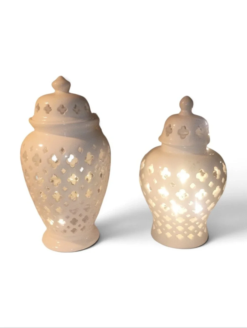 Ceramic Lidded Lantern Vase Set W/Battery Operated Fairy Lights & Batteri- White
